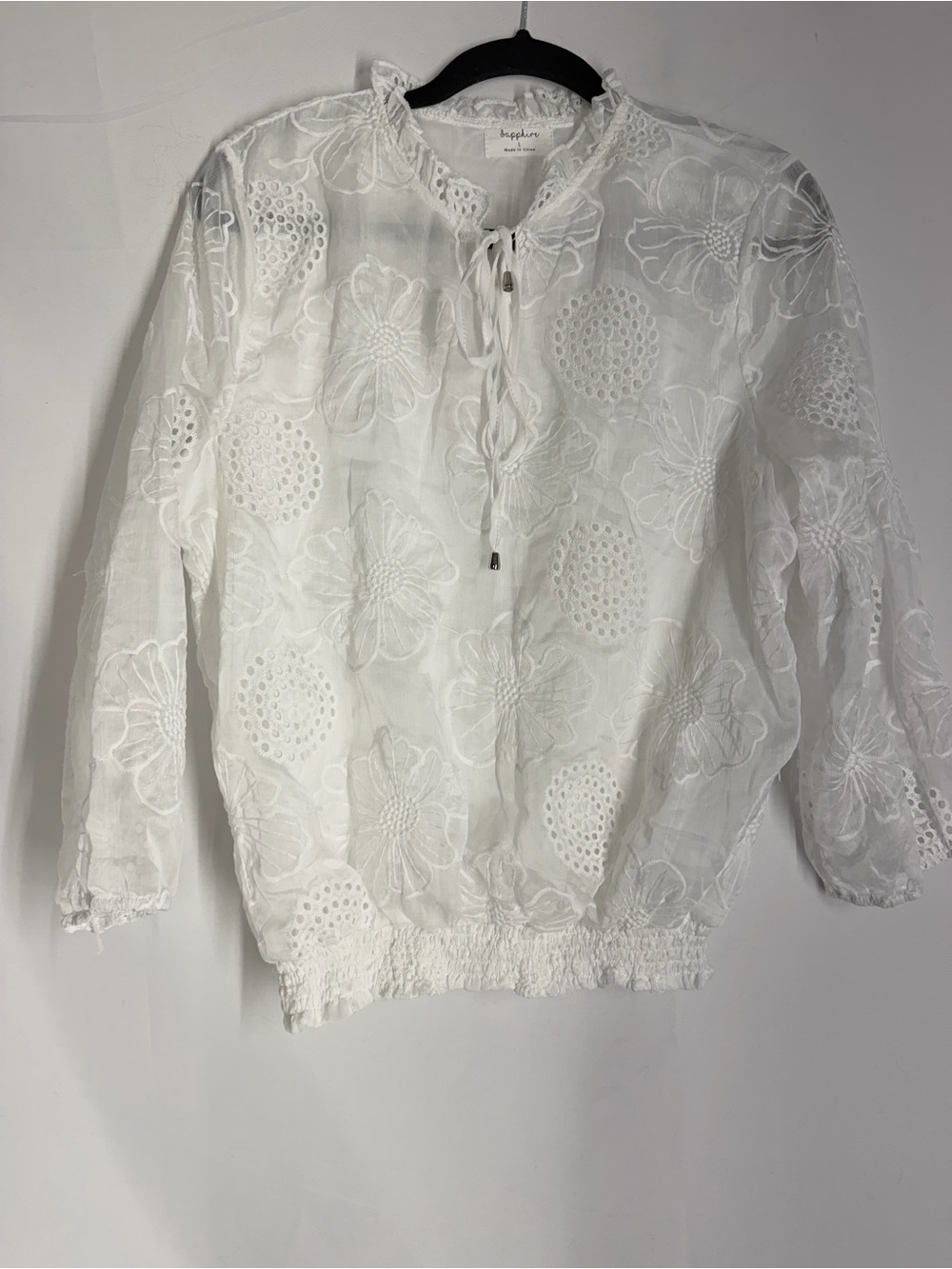 Lightweight White Floral Eyelet Blouse with Tie Neck